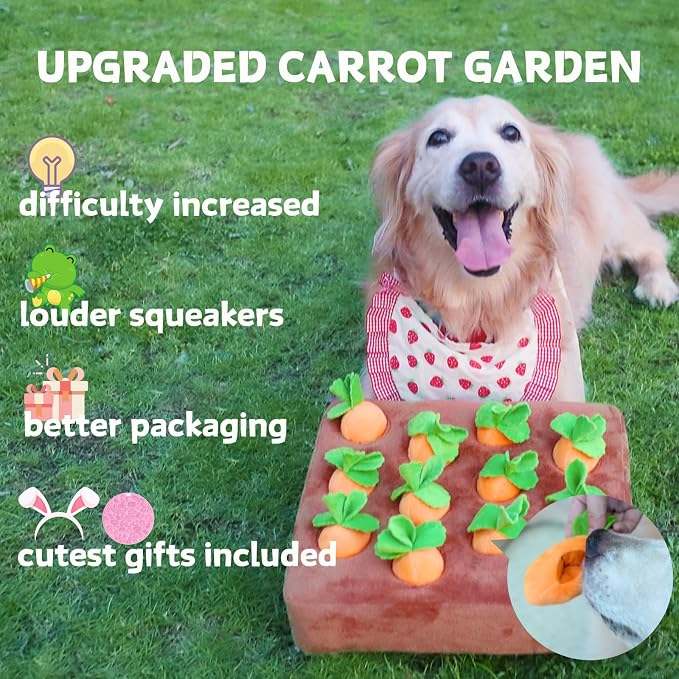 CECE PAW Dog Enrichment Puzzle, Interactive Squeaky Carrot Farm Snuffle Mat for Mental Stimulation and Puppy Brain Training, Small, Medium and Large Dogs (Upgraded Carrots with Treat Pockets)