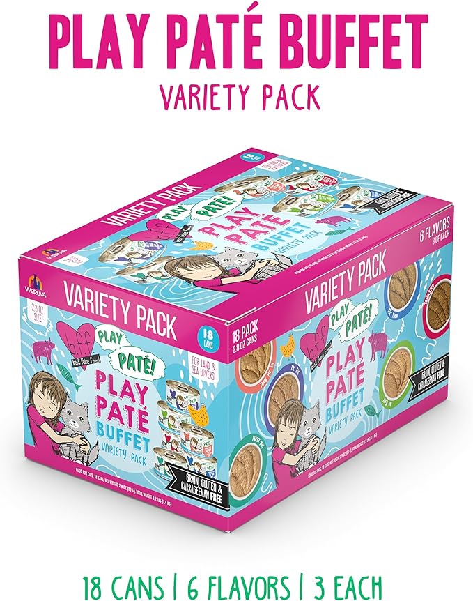 Weruva B.F.F. Play - Best Feline Friend Paté Lovers, Aw Yeah!, Play Paté Buffet Variety Pack, 2.8oz Can (Pack of 18)