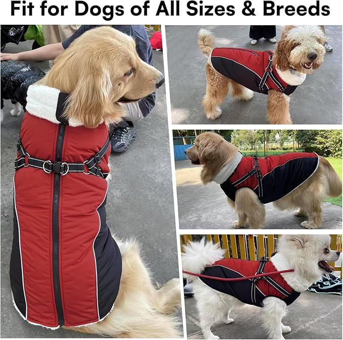Queenmore Large Dog Coat - Winter Jacket with Harness Built-in for Large Dogs, Cold Weather Waterproof High-Vis Outdoor Snowsuit Parka Jacket - Zipper, Easy On, Adjustable Red/Black, L