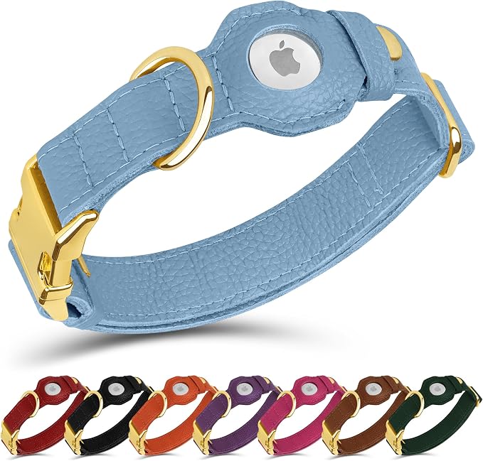 Leather Airtag Dog Collar - Soft Tracking Dog Collar with Apple AirTag Holder and Metal Buckle - Safety GPS Pet Collars for Small Medium Large Dogs Puppy Pink Red (Cornflower, XS, 9"-12" Neck Fit)