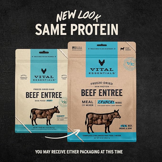 Vital Essentials Freeze-Dried Raw Dog Food, Beef Crunchy Nibs | Complete Meal or Mixer | High Protein Dog Food | 14 oz