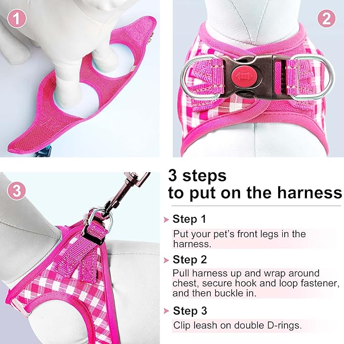 Dog Harness Step-in Breathable Puppy Cat Dog Vest Harnesses for Small Medium Dogs Pink Checkered