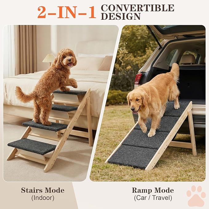 Foldable Dog Stair 2-in-1 with 4 Steps, New Zealand Pine Frame and Non-Slip Carpet Suitable for High Beds, Car,Couch, Durable Wooden Pet Stairs for Small Medium and Large Dogs, No Assembly Required