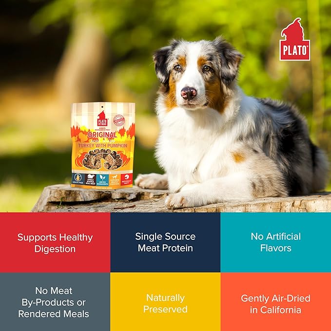 PLATO Pet Treats Real Strips - Air-Dried Meat Bars for Dogs - Delicious, Limited Ingredient Dog Treats - Grain Free - Original Real Strips Turkey & Pumpkin 18oz - 2 Pack