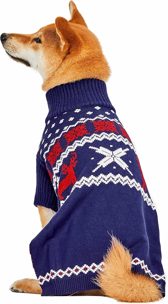 Blueberry Pet Christmas Reindeer and Snowflake Dog Sweater in Royal Blue, Back Length 12", Pack of 1 Clothes for Dogs