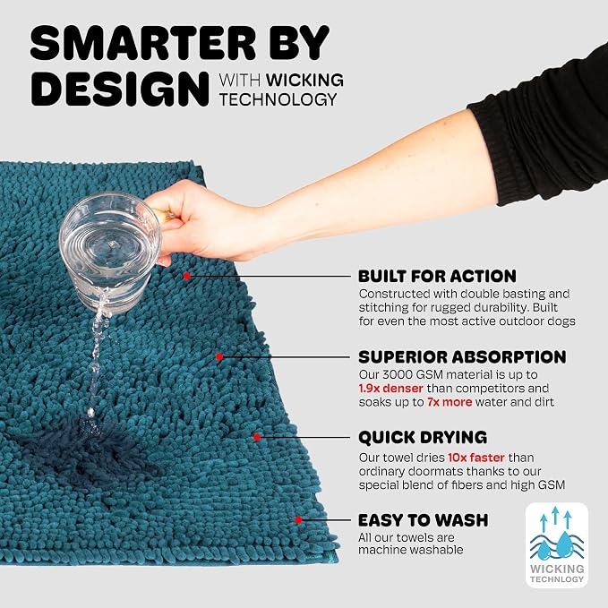 Dog Gone Smart Dirty Dog Doormat - Super Absorbent Polyamide Rug Pulls in Moisture & Dirt - Fast Drying for Clean Floors, Non-Slip, Machine Washable Mat for Muddy Paws - Pacific Blue, 35 x 26 Inches