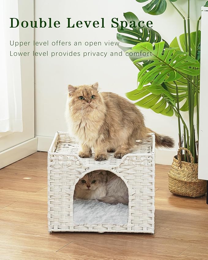 SETVSON Cat Beds Indoor Kitten House, Handwoven Rattan Cat Cave Pet Cube, Large Cat Houses, One Bed Mat, Foldable, Hideaway, 16.5x16.5x13.2 Inches, 2 S-Shaped Hooks in Living Room Bedroom Gray