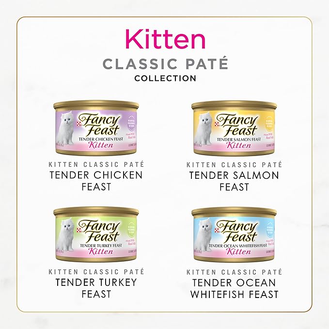 Purina Fancy Feast Tender Ocean Whitefish, Turkey, Chicken and Salmon Feasts Wet Kitten Food Variety Pack - (Pack of 24) 3 oz. Boxes