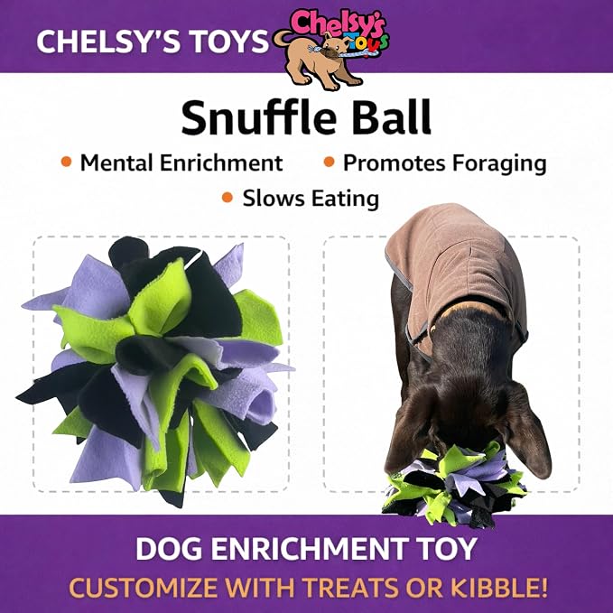Chelsy's Toys Interactive Snuffle Ball for Dogs, Mental Stimulation Toy, Slow-Play Treat Dispenser, Brain Exercise for Puppies & Seniors, Teething Relief, Blue, Orange, Purple (Blue)