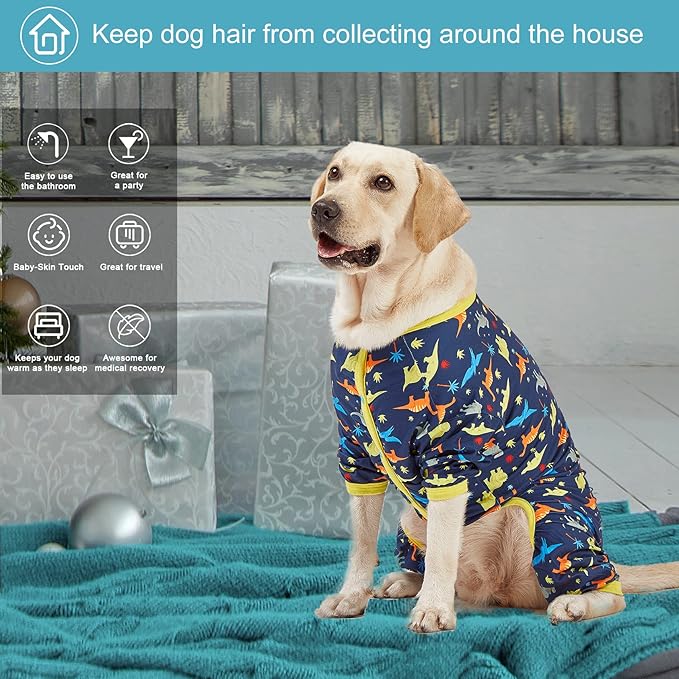 LovinPet Big Dog Pajamas for Large Dogs/Prehistoric Adventure Dinosaur Navy Print/Lightweight Stretchy Knit Pullover Dog Clothes/Large Dog Onesie, Pet Pajamas for Dogs, Pet PJ's /3XL