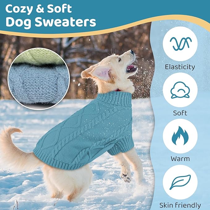 Queenmore Small Dog Pullover Sweater, Cold Weather Cable Knitwear, Classic Turtleneck Thick Warm Clothes for Chihuahua, Bulldog, Dachshund, Pug (Peacock Blue, X-Small)