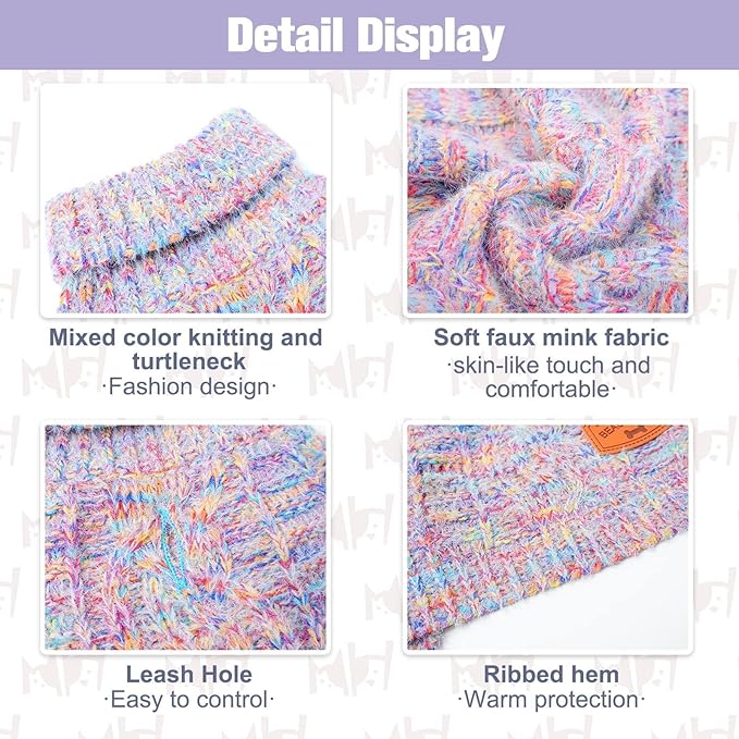 BEAUTYZOO Small Dog Sweater -Turtleneck Pullover Classic Cable Knit Fuzzy Winter Coat Dog Cold Weather Clothes for Small Medium Dogs Puppy Girl Boys(Rainbow Pink, S)