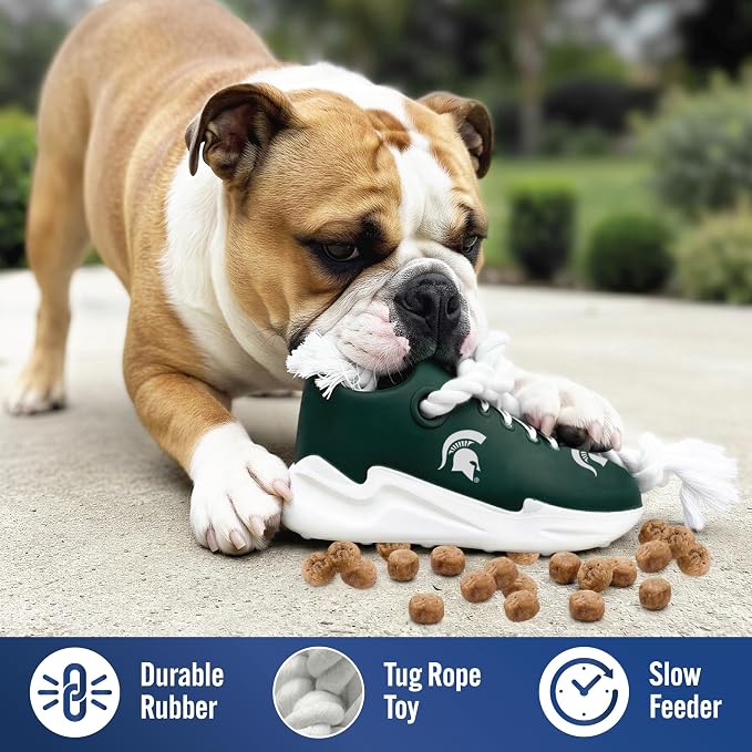 NCAA Michigan State Spartans Cleat Sneaker Spike Dog Toy, Treat Dispenser Chew Toy for Dogs, Interactive Rope Tug, Slow Feeder Natural Rubber Dog Toy with Official Team Logo for Puppies & Adult Dogs