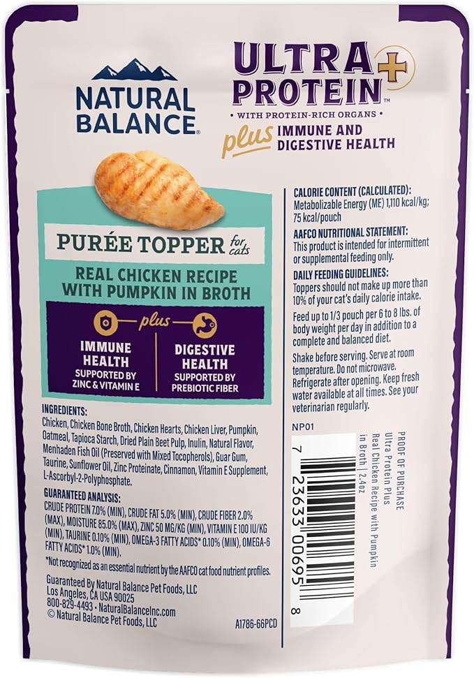 Natural Balance Ultra Protein Plus Wet Cat Food, Immune & Digestive Health Real Chicken with Pumpkin Puree Topper with Chicken Liver & Chicken Heart, High Protein Cat Food - 2.4 oz. (Pack of 24)