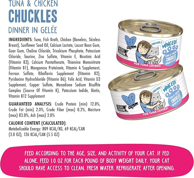 Weruva BFF Minced Natural Wet Cat Food, Tuna and Chicken Chuckles in Gelee, 5.5oz Can, Pack of 24