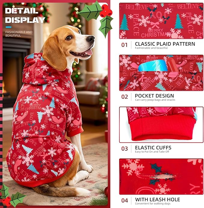 Red Christmas Dog Hoodie Soft Warm Fleece Lined Dog Sweater Hoodie with Leash Hole and Pocket Elastic Xmas Pet Coat Clothes Dogs Sweatshirt for Small Medium Large Size Dogs(Red B,Small)
