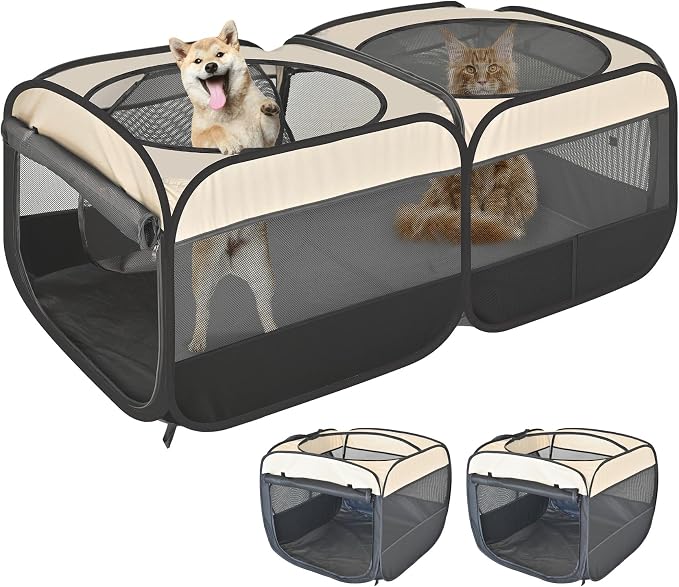 2-in-1 Pop Up Cat Playpen, Detachable into 2 Separate Pens with Additional Doors, Assembly-Free Portable Dog Crates Pet Pen Tent Kennel Kitten Puppy Enclosure Cage Indoor Outdoor Foldable Condo(M)