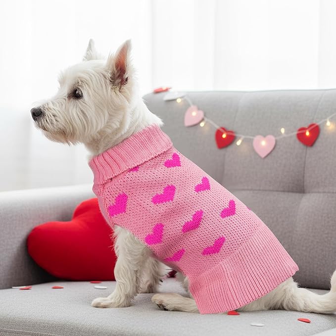 Dog Sweater Dress Heart Pink Turtleneck Knit Dress for Small Dogs 9-15 lbs Valentine Winter Pullover with Leash Hole for Wedding Mothers Day Valentine's Day