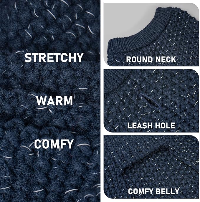 KYEESE Dog Sweater with Leash Hole Warm Pullover with Reflective Yarn for Small and Medium Dogs Male Soft Knit Pullover Boy Dog Coats Cozy Lightweight Thick Sweater,Navy Blue,Medium
