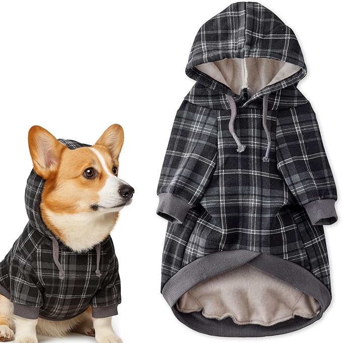 Rocky II - The Extra Comfy Hoodie, Organic Cotton and Recycled Poly Dog Hoodie Pet Coat Sweater for Small, Medium, Large Dogs, Black Sand Plaid, X-Large