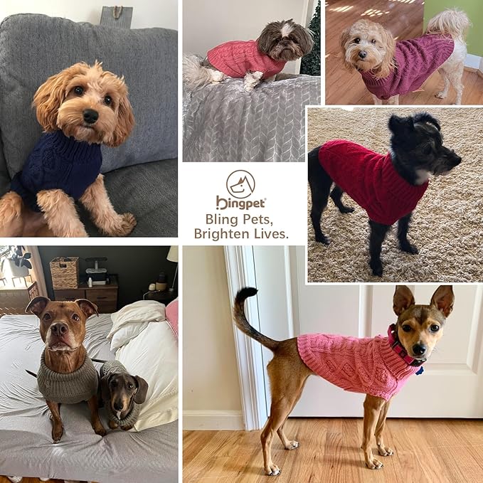 BINGPET Thermal Knitted Dog Sweater for Small Medium Large Dogs,Winter Dog Cat Coat Warm Sweartershirts Outfits,Classic Cable Knit Turtleneck Pullover Dog Jumper Coat Warm Sweartershirts(Rosered,SM)