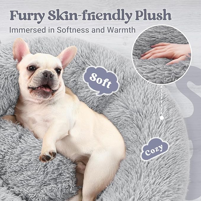 rabbitgoo Dog Bed for Small, 24 inches Machine Washable, Fluffy Donut Pet Bed Anti-Slip, Calming Soft Plush Round Cushion, Fits up to 18 lbs Pets, Light Grey