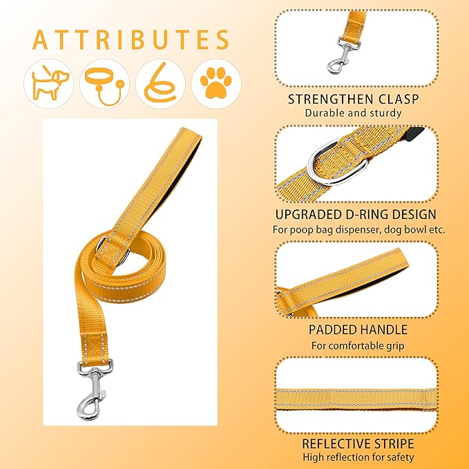 Reflective Dog Collar with Safety Locking Buckle, Adjustable Soft Breathable Nylon Collars for Small, Medium and Large Dogs(Collar+Leash M Yellow)