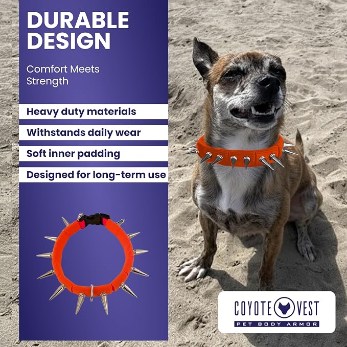 CoyoteCollar Spike Dog Collar, Adj/Replaceable Spikes, Medium, Orange