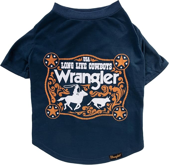 Wrangler Dog Shirt – Western Cowboy Rope Logo Pet Tee for Small to XL Dogs – Pull-on Machine Washable Dog T-Shirt (Navy, L)