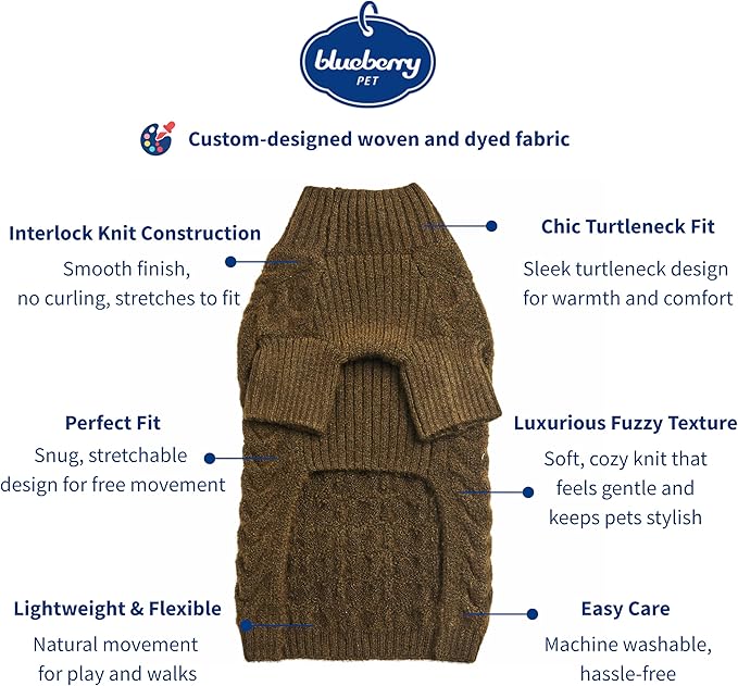 Blueberry Pet Classic Fuzzy Textured Knit Pullover Turtle-Neck Dog Sweater in Dark Olive, Back Length 20", Pack of 1 Clothes for Dogs