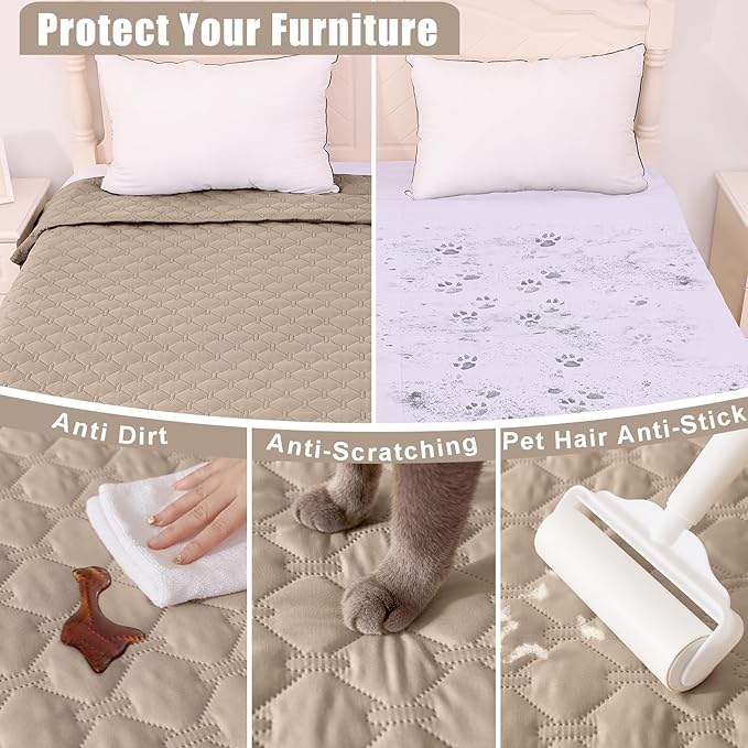 Smiry Waterproof Dog Bed Cover Blanket, Soft Reversible Pet Blanket, Washable Leakproof Cats Dogs Couch Cover for Sofa, Couch, Furniture, Plaid (82x102 Inch, Taupe/Beige)