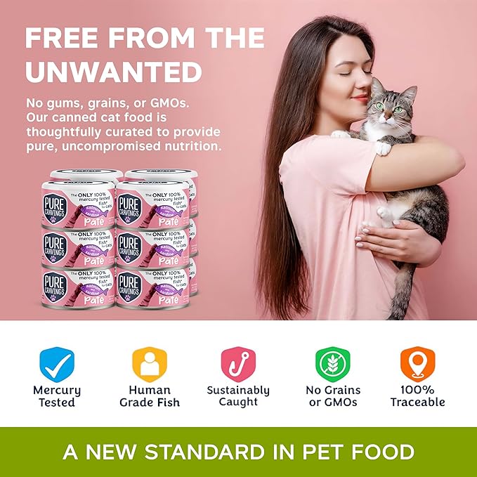 Pure Cravings Salmon and Sardine Pate, Canned Wet Cat Food, 100% Mercury-Tested, Moist Can Fish, Grain-Free Protein, Non-GMO, 12 Pack