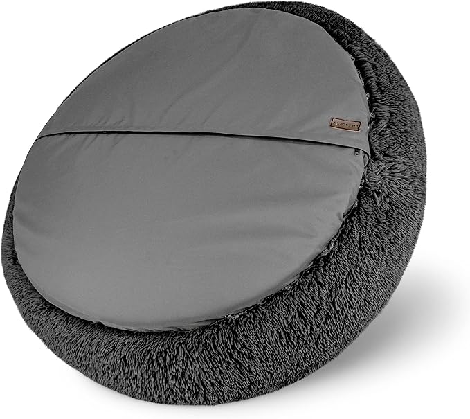 The Dog’s Bed Sound Sleep Donut Dog Bed, XXL Grey Fur Calming Nest Bed Removable Cover, Veterinary Approved