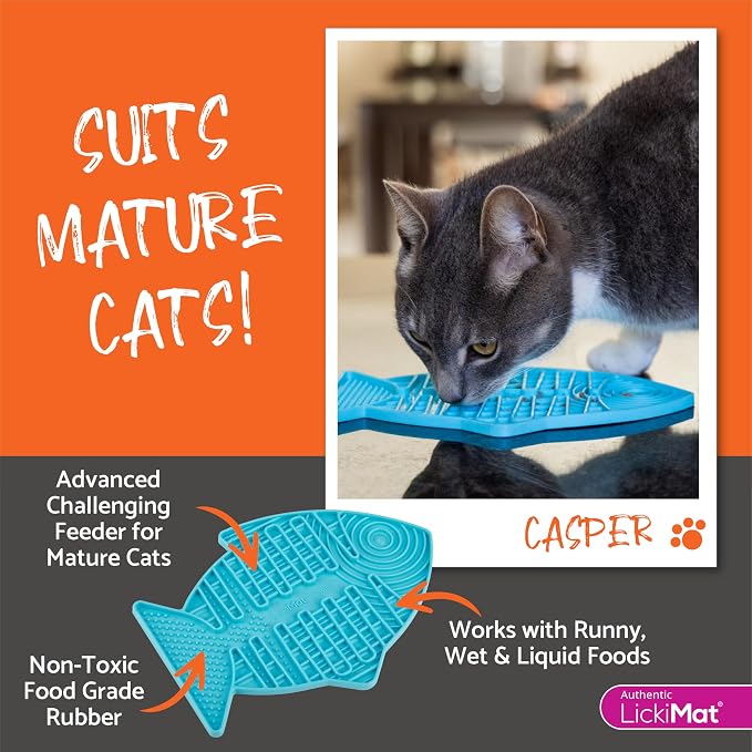 LickiMat Casper, Fish-Shaped Cat Slow Feeders Lick Mat, Boredom Anxiety Reducer; Perfect for Food, Treats, Yogurt, or Peanut Butter. Fun Alternative to a Slow Feed Cat Bowl or Dish, Purple
