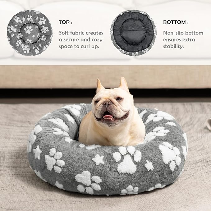 Yaning Donut Dog Beds for Small Dogs, Calming Round Cat Beds for Indoor Cats, Cute 3D Textured Paw Pet Bed with Removable Washable Cover and Anti-Slip Bottom（Grey，23"）