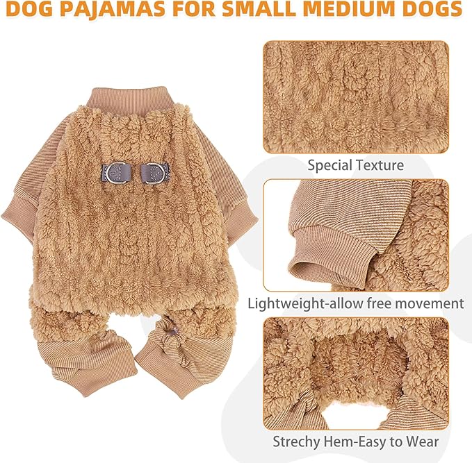 KOOLTAIL Small Dog Pajamas - Fleece Dog Sweater with Leash D-Ring, Warm Winter Cold Weather Coats for Puppy Cats Extra Small Dogs, Super Soft Stretchable Pet Jumpsuit Clothes for Boys Girls, Beige XS