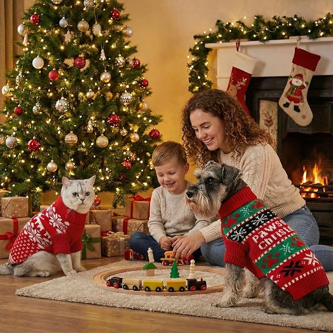 2 Pack Dog Cat Sweaters Size M - Warm Knit Pet Sweater Bundle for Small Dogs Cats 5-7kg, Soft Turtleneck Winter Pet Clothes with Colorful Patterns, Pullover Apparel for Puppies Kittens Small Pets