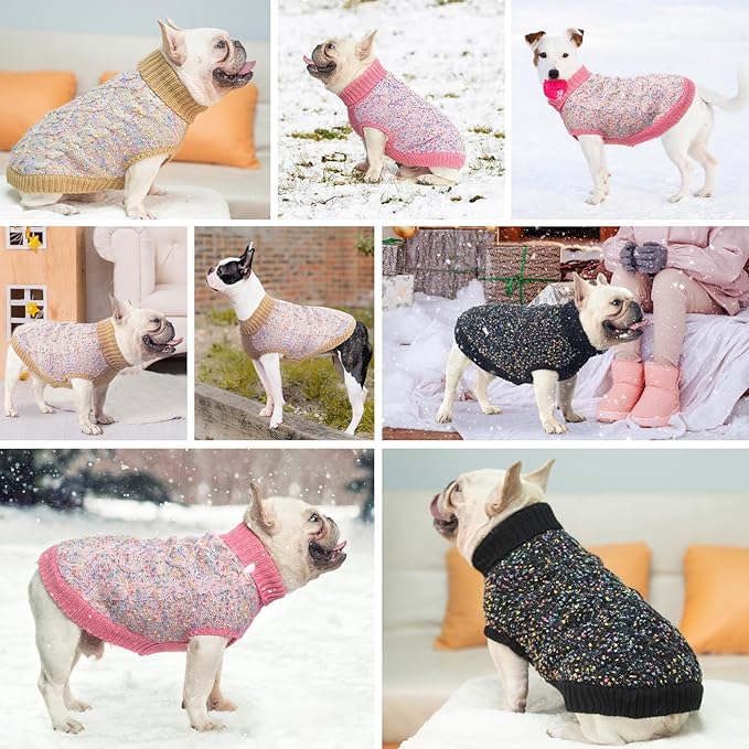 BEAUTYZOO Cable Knit Small Dog Sweater, Color Block with Fuzzy Thread Knitted Turtleneck Dog Knitwear with Dots in a Variety of Colors for Small Medium Dogs Fall Winter Dog Clothes, S/M Black