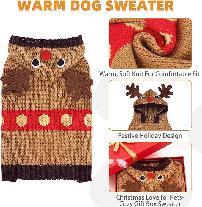 KOOLTAIL Christmas Dog Sweater,Cold Weather Cable Knitwear for Small Medium Large Dogs,Holiday Best Gift,Reindeer Style Thick Warm Winter Pet Clothes for Bulldog,Dachshund,Yorkie,XS