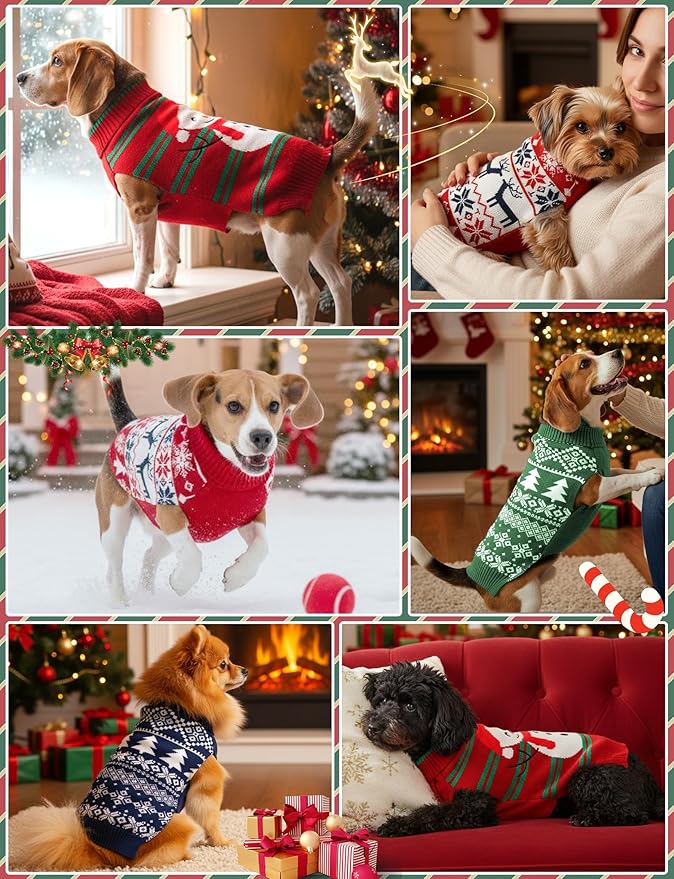 2PCS Dog Christmas Sweater, Soft Warm Pet Clothes Coat for Small Medium Large Dogs and Cats Boy Girl, Fall Cozy Holiday Turtleneck Knitting Collar Pullover Pup Outfit Costume for Thanksgiving New Year