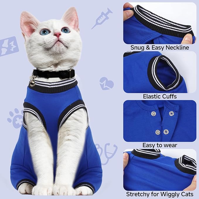 Stress-Free Cat Recovery Suit for Female Cats - Vet-Backed E-Collar Alternative, Anti-Lick & Rear Access Design RoyalBlue S