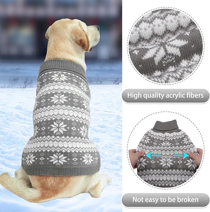 KOOLTAIL Cable Knit Dog Sweater Turtleneck, Cold Weather Pullover Classic Knitwear, Snowflake Pattern Thick Warm Winter Pet Clothes, Dog Christmas Sweater for Small Medium Large Dogs Cats, Grey L