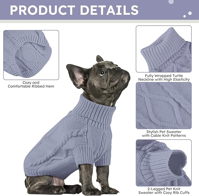 Queenmore Small Dog Pullover Sweater, Cold Weather Cable Knitwear, Classic Turtleneck Thick Warm Clothes for Chihuahua, Bulldog, Dachshund, Pug, Yorkie (Grey, X-Large)