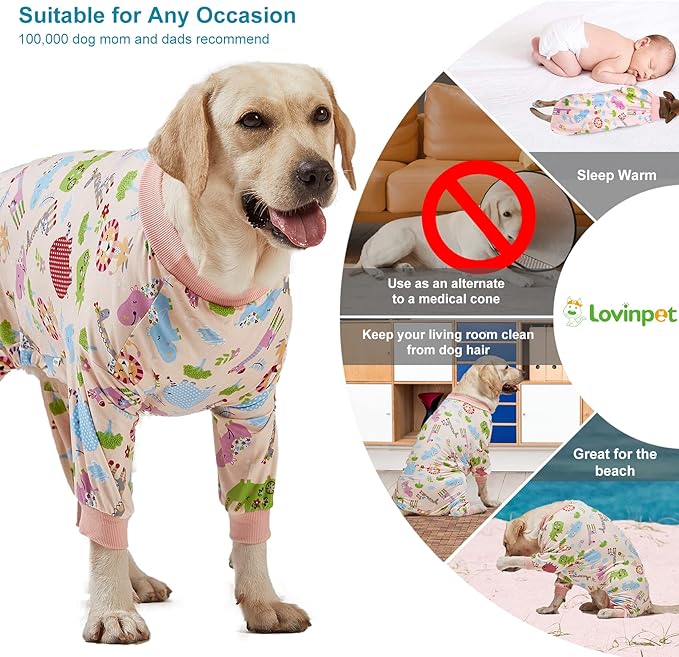 LovinPet Large Dog Clothes: Pajamas for Large Dogs, Slim Fit/Lightweight Pullover Dog PJ's, Full Coverage/Animals Allover Pink Print/Pet Pajamas /3XL