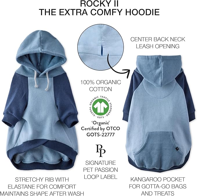 Rocky II - The Extra Comfy Hoodie, Organic Cotton and Recycled Poly Dog Hoodie Pet Coat Sweater for Small, Medium, Large Dogs, Navy Color Block, Large