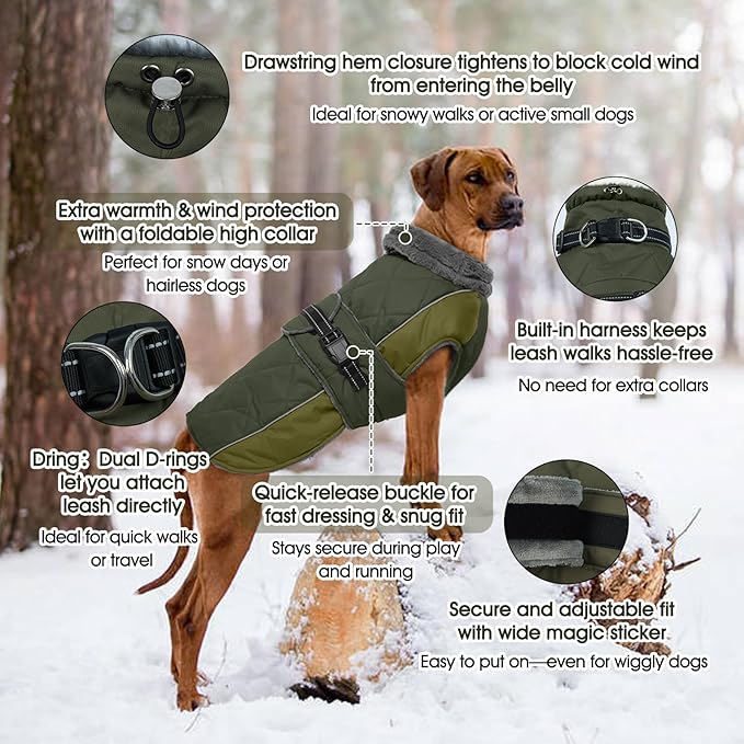 QBLEEV Warm Dog Jacket - Reflective, Adjustable Winter Coat with Turtleneck for Cold Weather, Waterproof Fleece Snowsuit for Small, Medium, Large Dogs