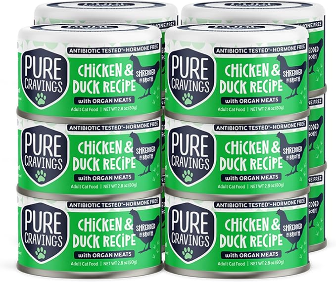 Pure Cravings Chicken and Duck Recipe in Broth, Shredded Wet Cat Food, Grain-Free Protein, Non-GMO, 12 Pack