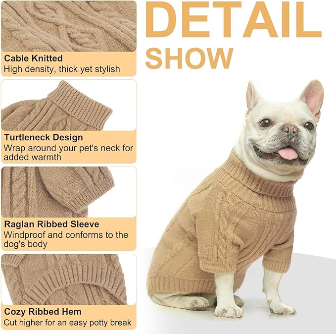 BEAUTYZOO Small Dog Sweater-Dog Sweatshirt Pullover Cable Knit Wear Classic Turtleneck Thick Cold Weather Clothes for Small Dogs, Medium Dogs, Puppies,Khaki Cable M (Back: 16", Chest: 21", Neck: 13")
