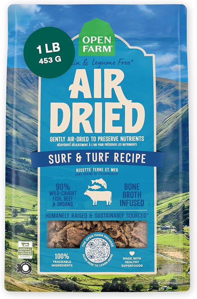 Open Farm, Air Dried Dog Food Infused with Bone Broth, Grain & Legume Free, Complete Meal or Food Topper, Surf & Turf Recipe, 1lb Bag