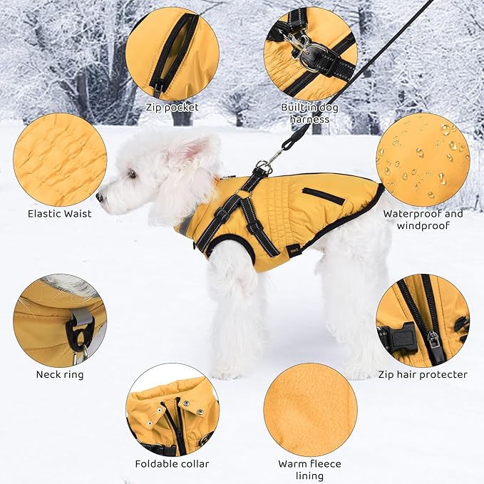 Gyuzh Dog Coat with Harness,Dog Coats for Small Dogs,Warm Fleece Winter Puppy Jacket,Waterproof Jacket with Harness Built in for Small Medium Large Dogs